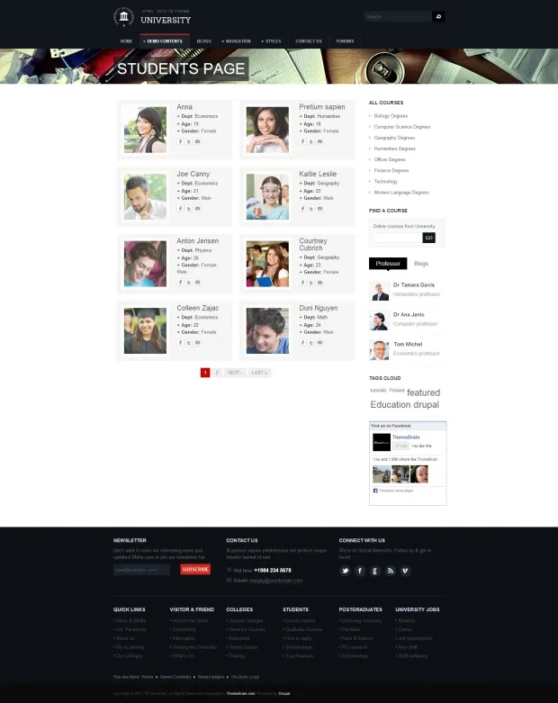 Education theme TB University Student page screenshot