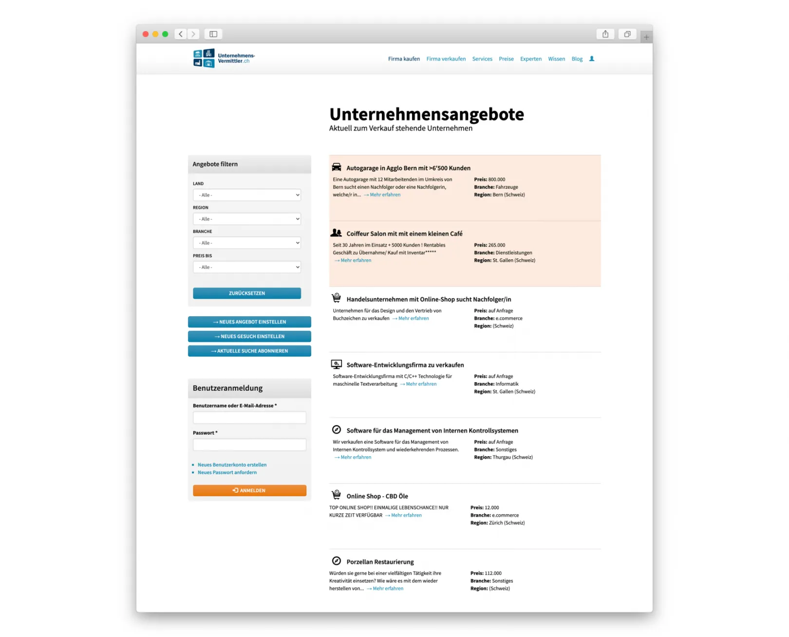 List of offers in unternehmens-vermittler.ch