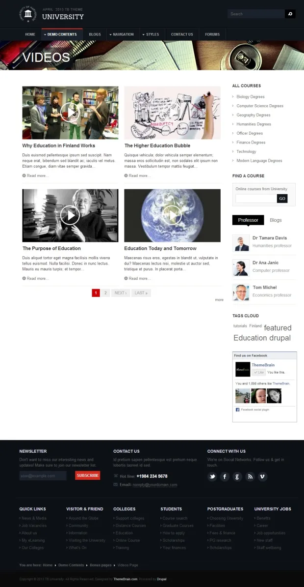 Education theme TB University Video page screenshot