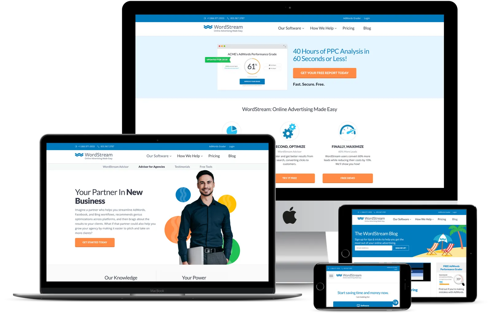WordStream's website pages displayed on different electronics