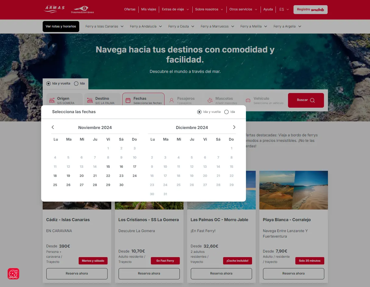 Screenshot of the search by date component on the homepage