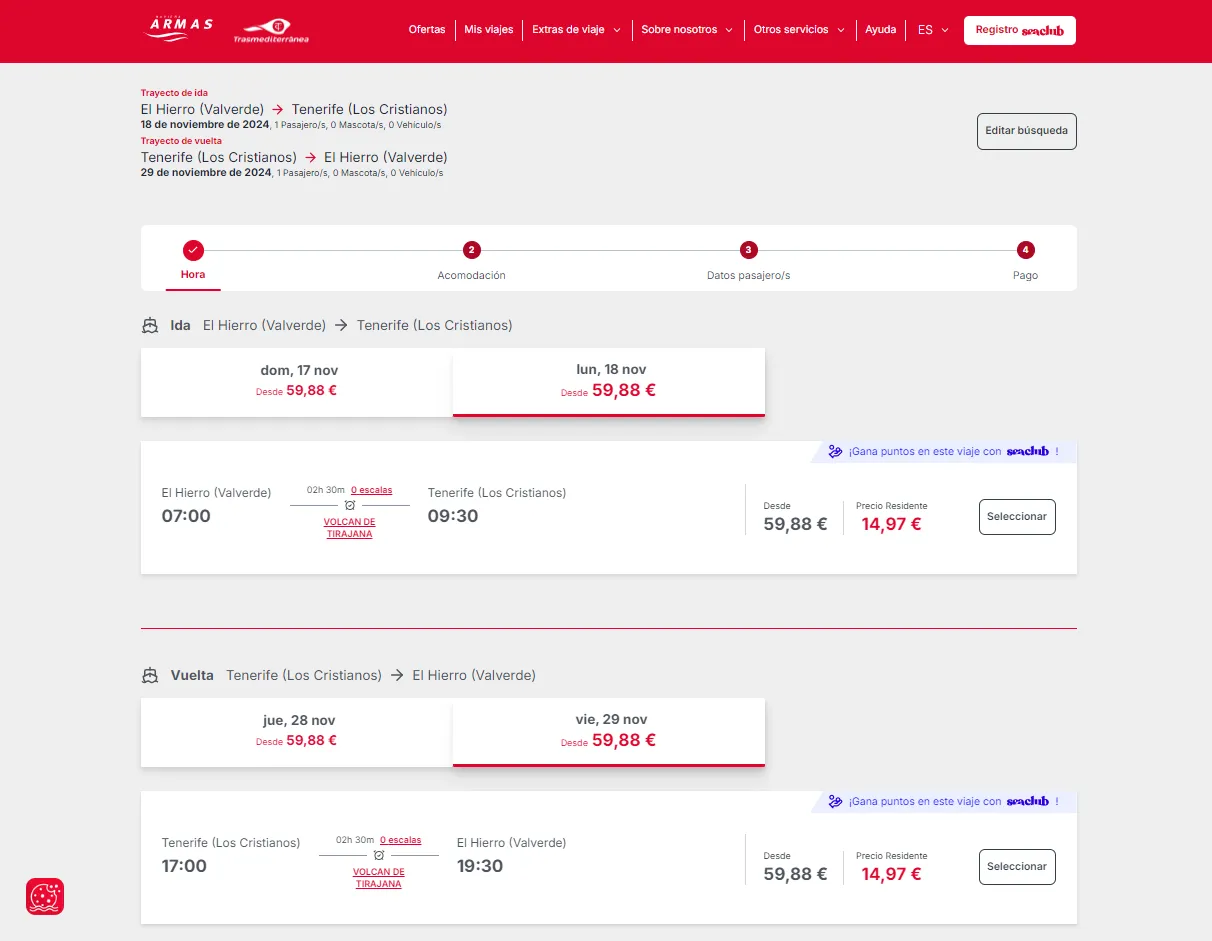 Screenshot of the booking selection step on the checkout