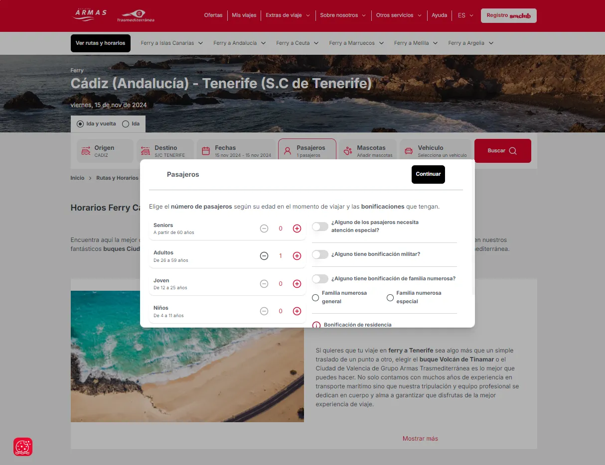 Screenshot of the select passengers component on the homepage