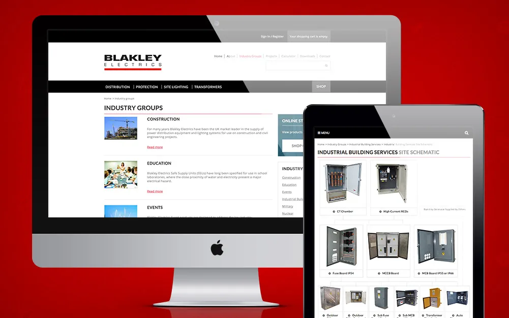Site screenshot showing desktop news listing and mobile product navigator