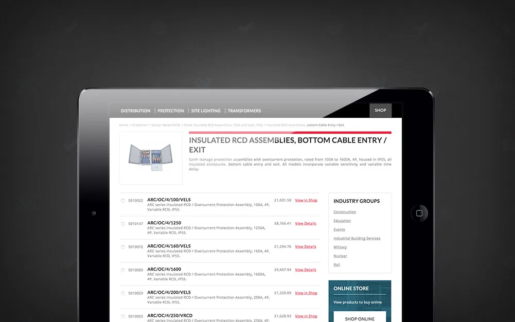 Site screenshot showing product listings with direct enquiry tick boxes