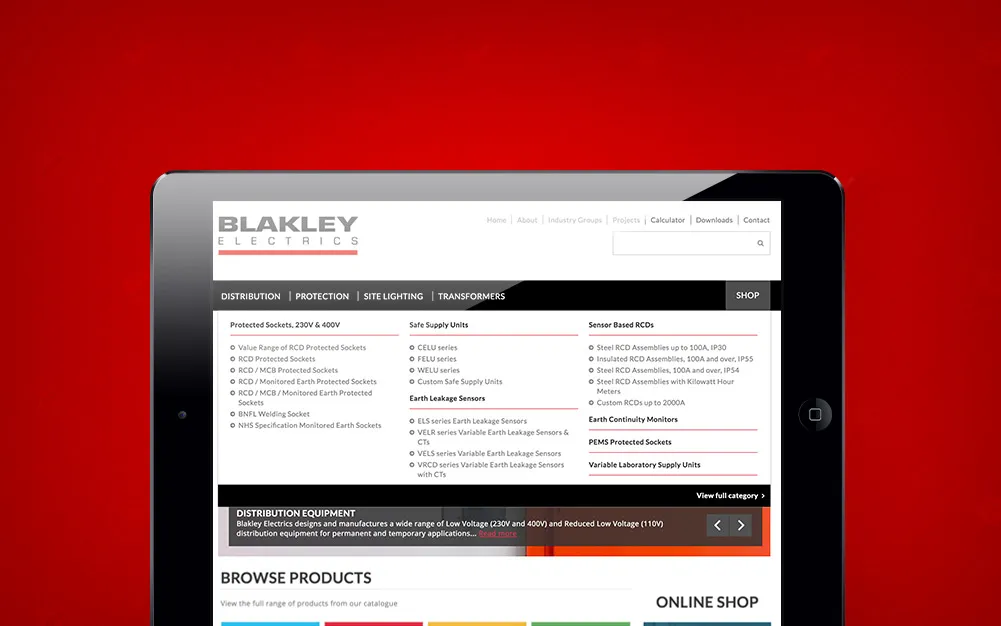 Site screenshot showing mega menu dropdowns
