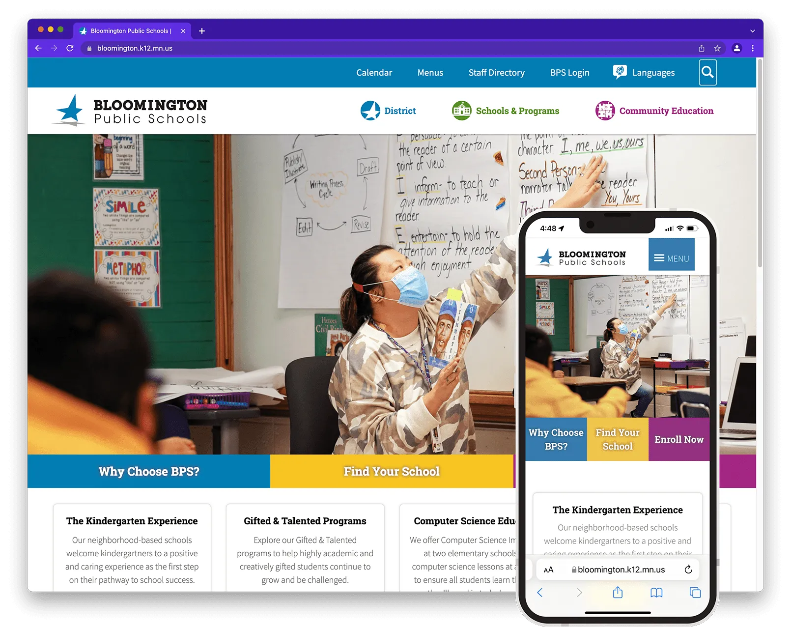 Image of a browser tab open to a web page with an iphone layered on top, open to the same website, showing it looks the same on both platforms. The website is bloomingtonk12.mn.us