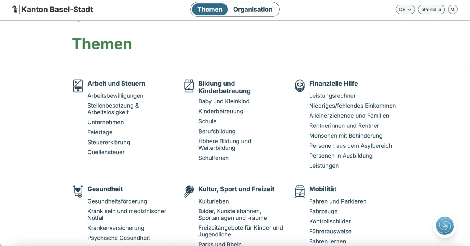 Screenshot of the content topic area of the website