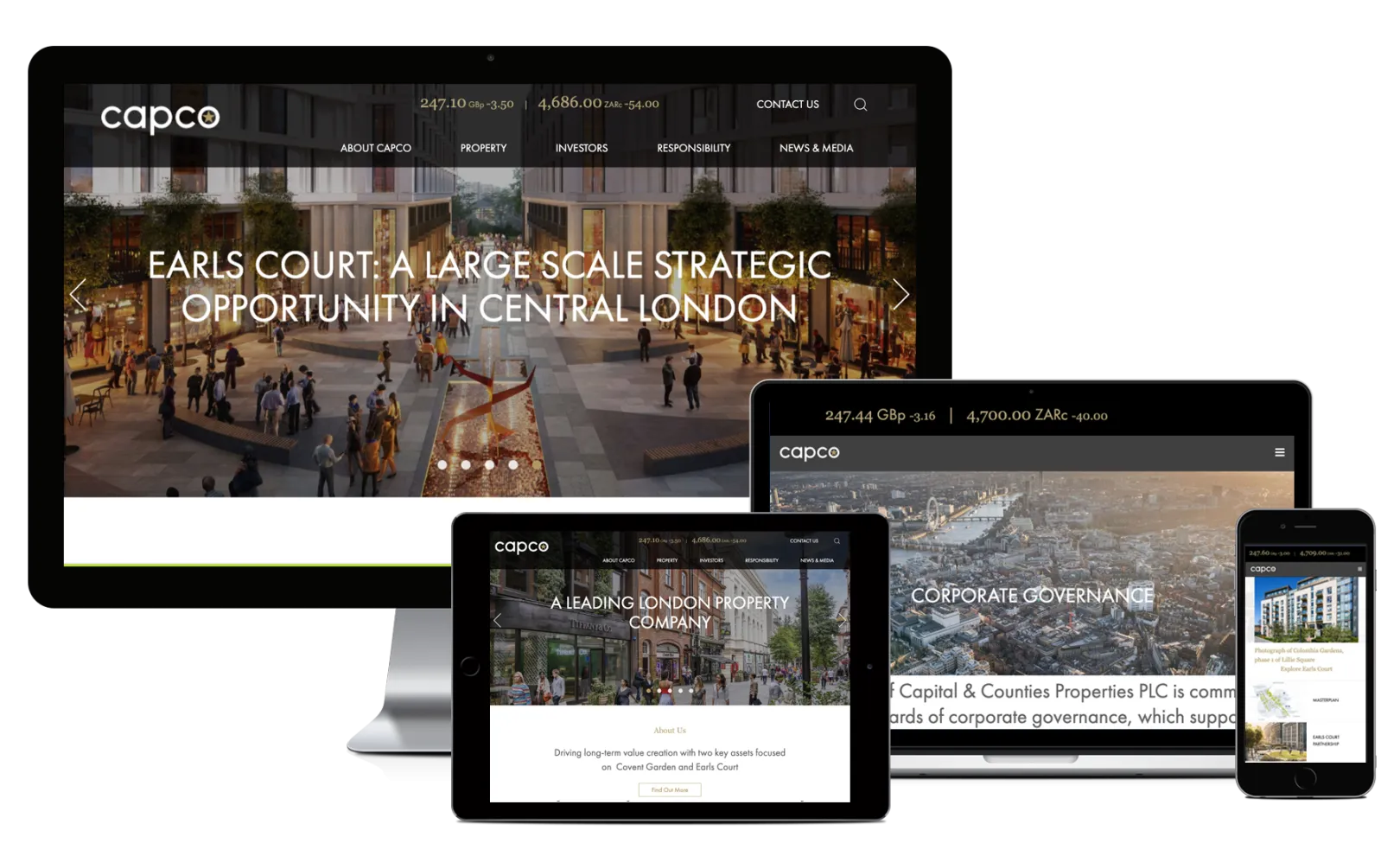 Desktop, Macbook, tablet and iPhone showing pages from Capital and Counties' website