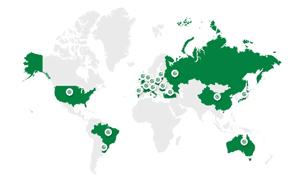 World map of Caleffi's presence across 90+ countries