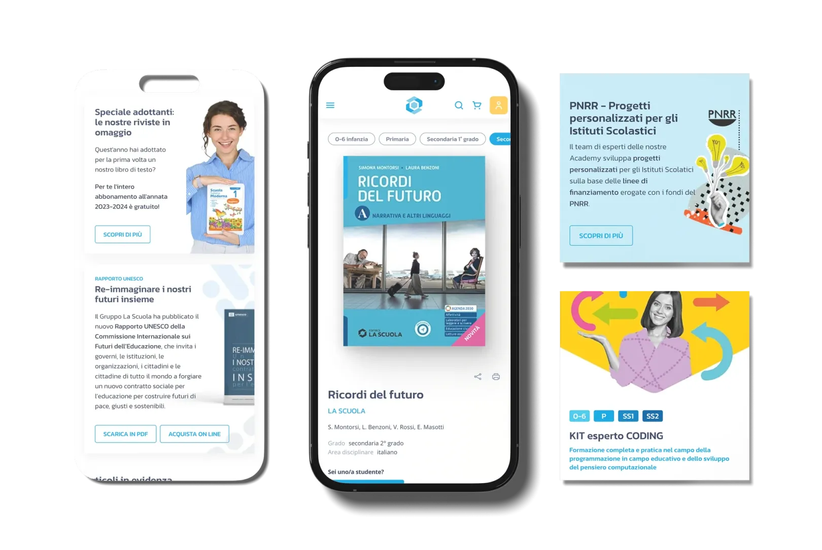 Three smartphones showing La Scuola editorial articles, a book detail page and course cards