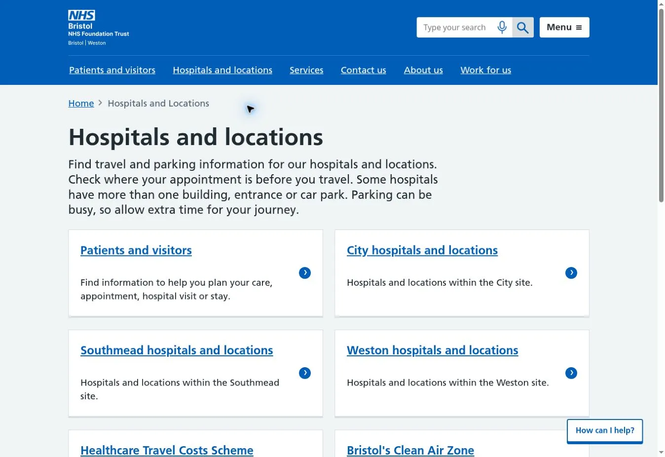 Hospital locations page with links to City, Southmead and Weston hospital groups
