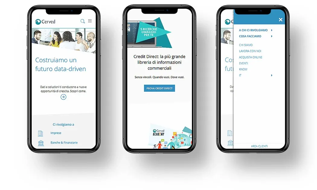 Three smartphones showing the mobile-first Cerved homepage, a product promo and the navigation menu