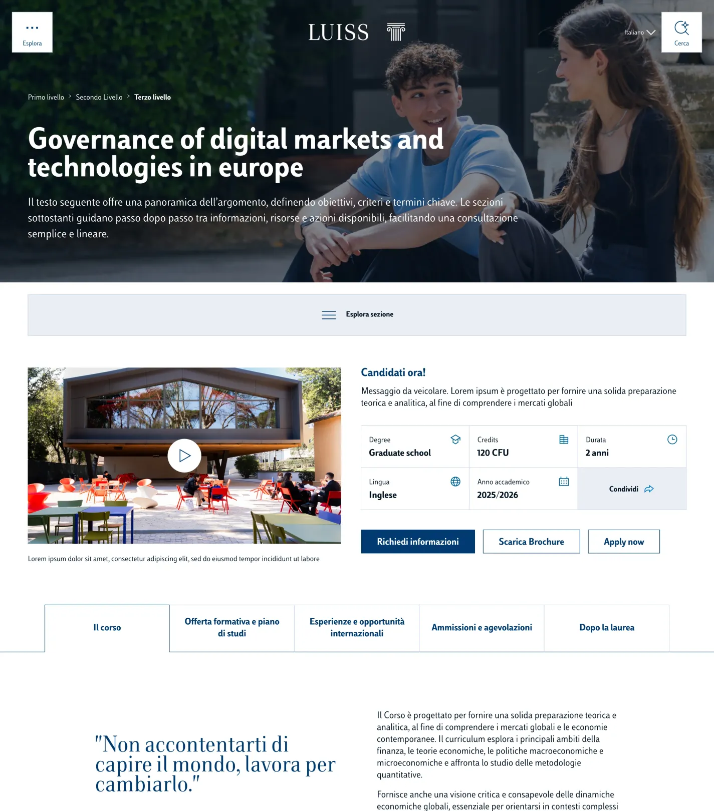 A degree program page on the new Luiss platform, with program facts, credits and language of instruction