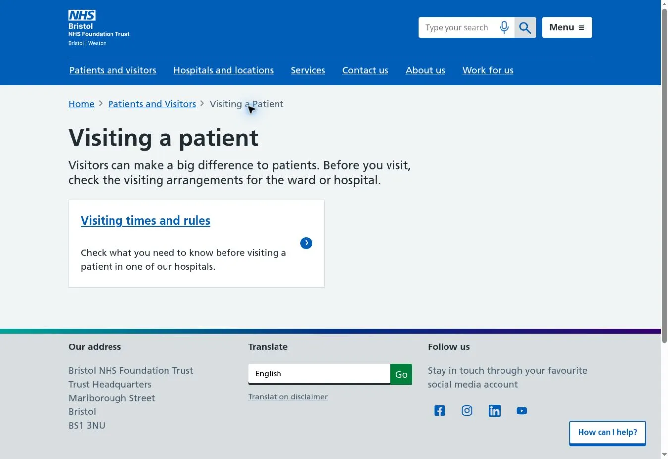 Visiting a patient page with a link to visiting times and rules