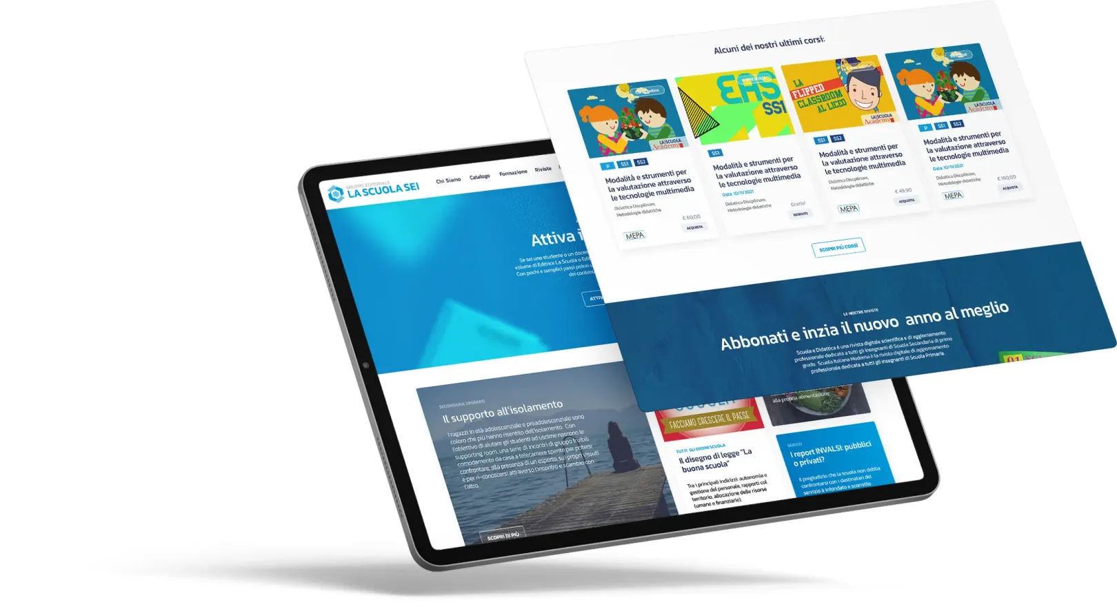 Tablet views of the La Scuola teacher training catalog and magazine subscription pages