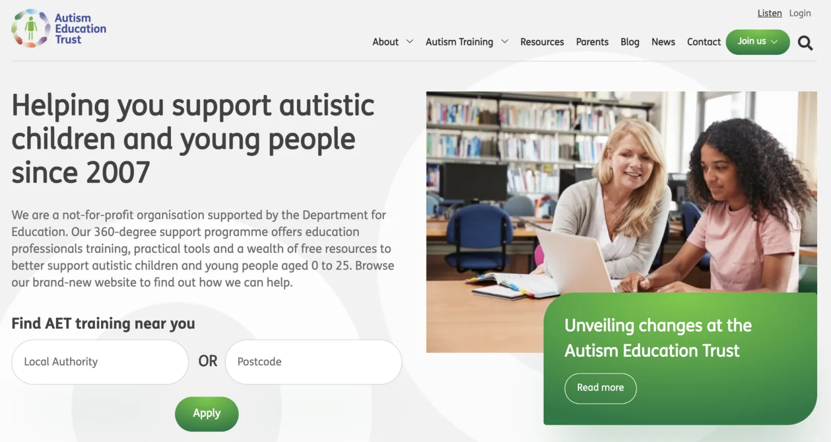 Historical Autism Education Trust homepage with green branding, a training search and an introduction to the new website