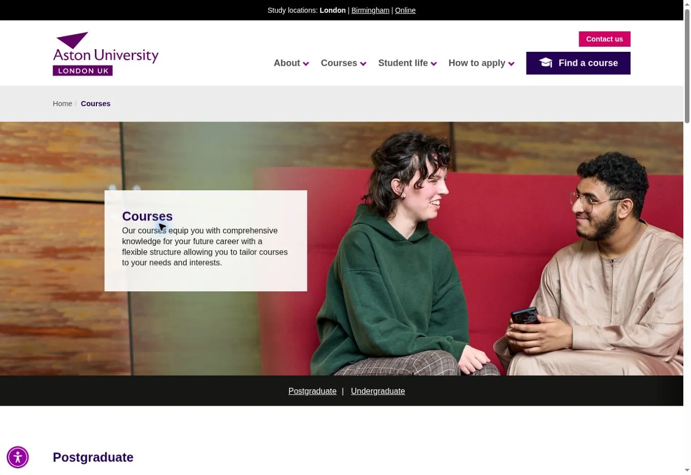 Aston University London course landing page with two students talking, introductory course text and postgraduate and undergraduate link
