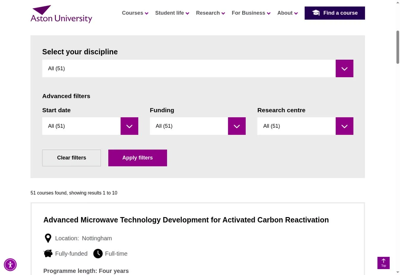 PhD finder showing discipline, start date, funding and research-centre filters above a research opportunity listing