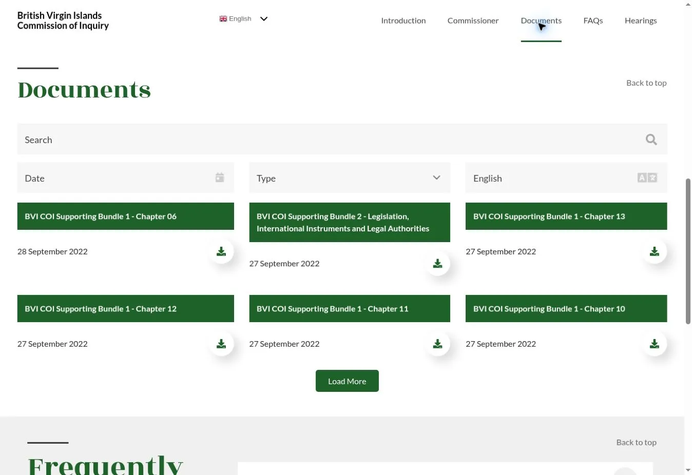 Document listing with search, date, type and language controls above downloadable inquiry bundles