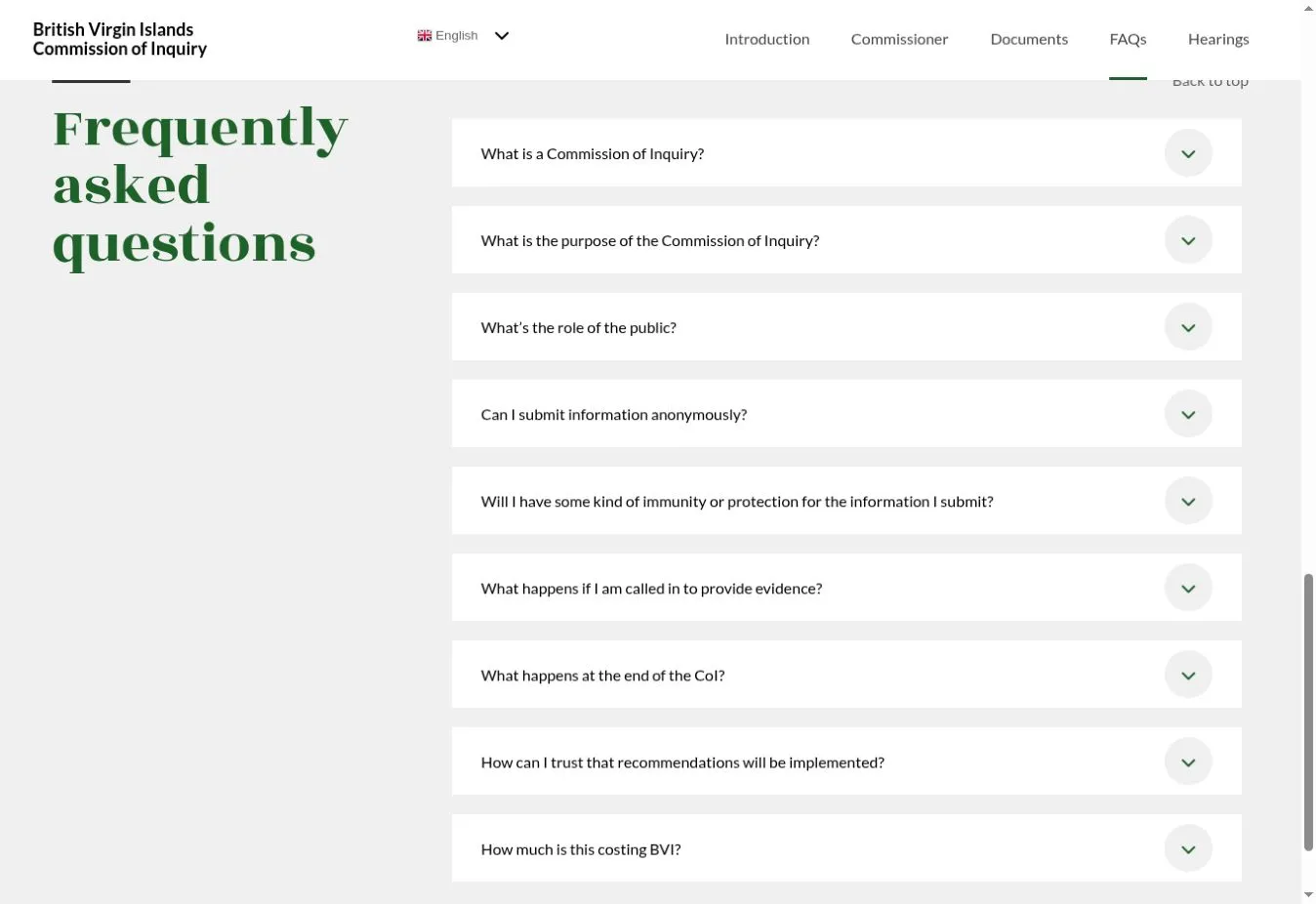 Frequently asked questions displayed as expandable rows