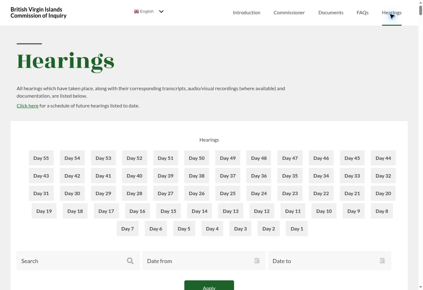 Hearings page with numbered day links and search and date-range fields