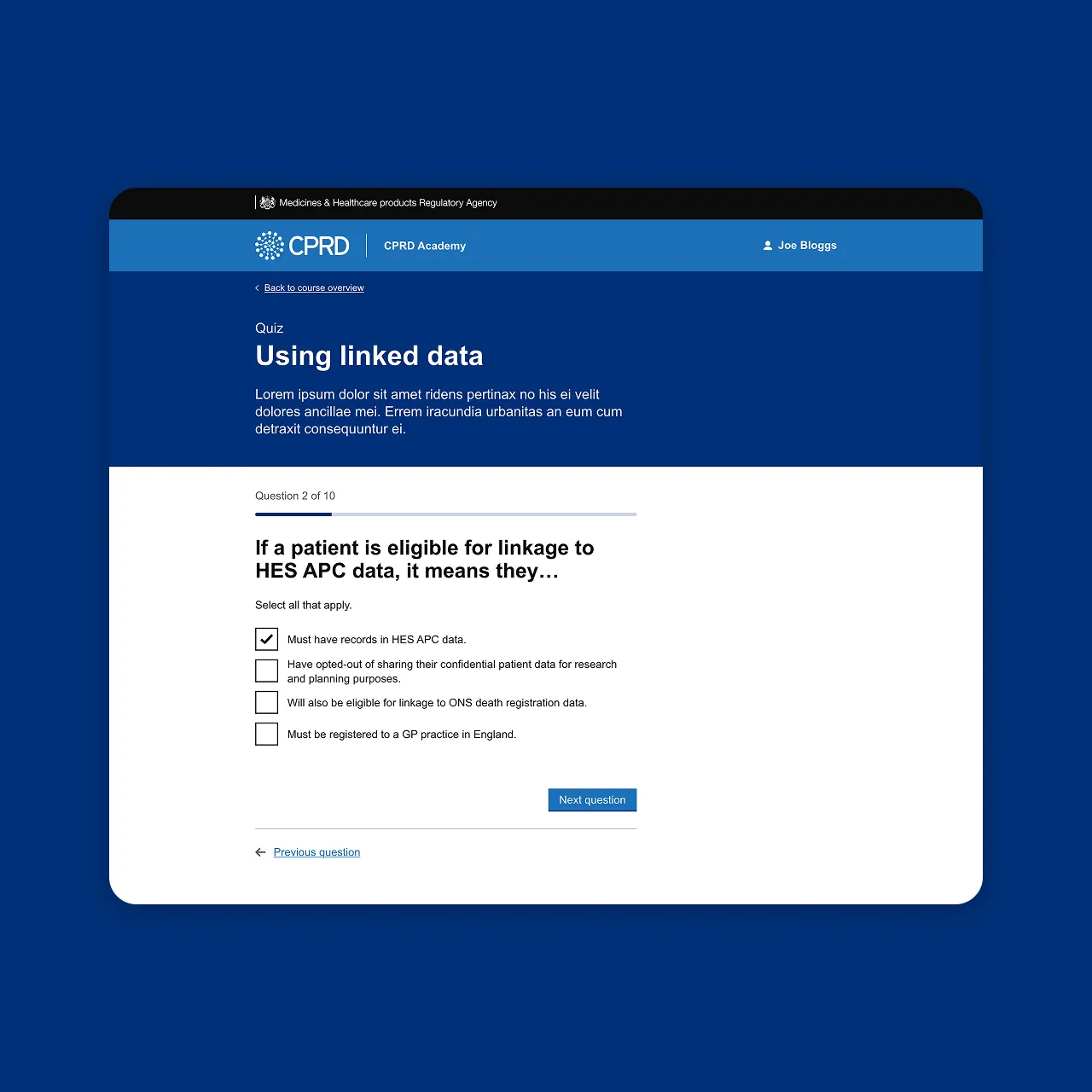 CPRD Academy quiz page titled “Using linked data” showing a multiple-choice question with checkboxes, progress indicator and navigation buttons.