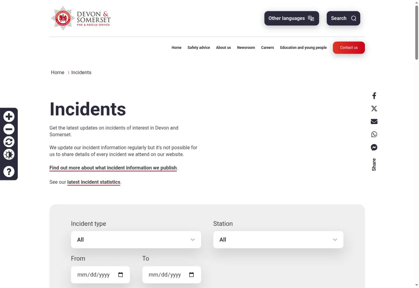Incidents page explaining the Service’s published incident updates, with filters for incident type, station and date