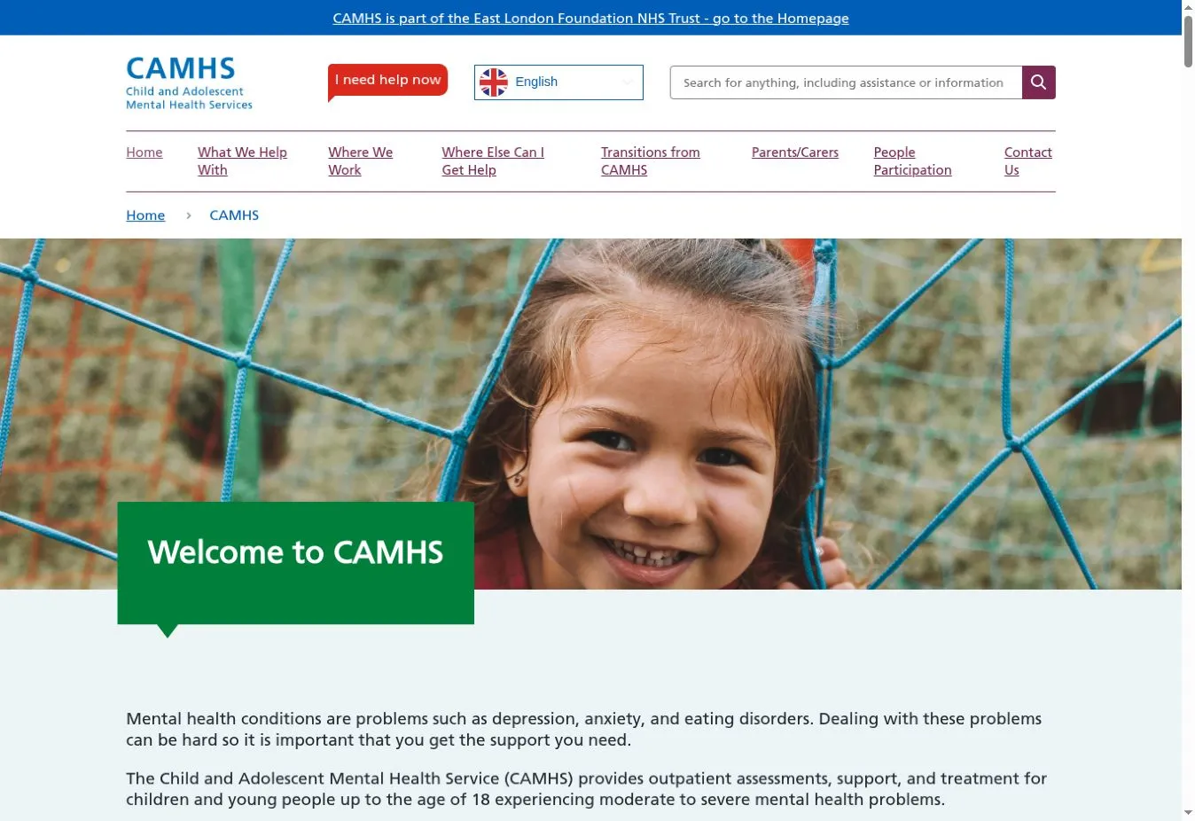 CAMHS homepage with its own logo, navigation and welcome banner