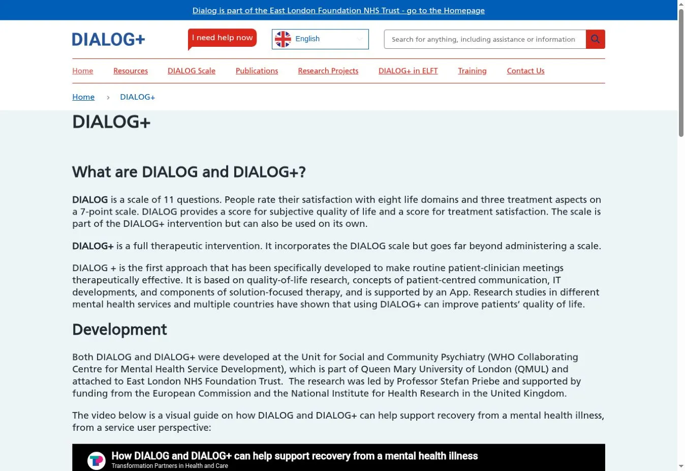 DIALOG+ microsite showing its own branding and links to resources, publications, research and training
