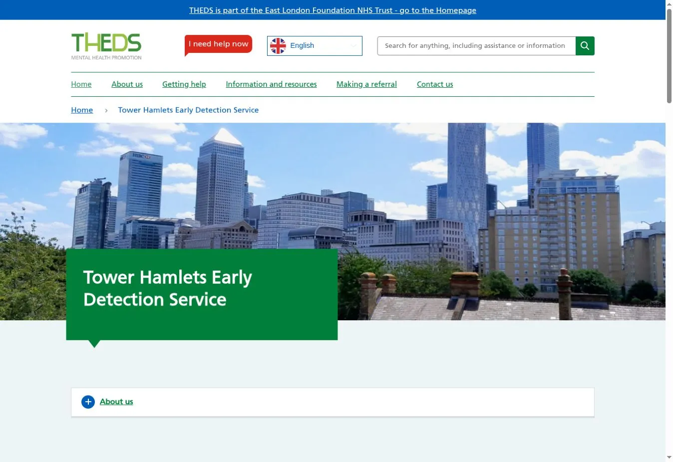 Tower Hamlets Early Detection Service homepage with green branding and a London skyline photograph