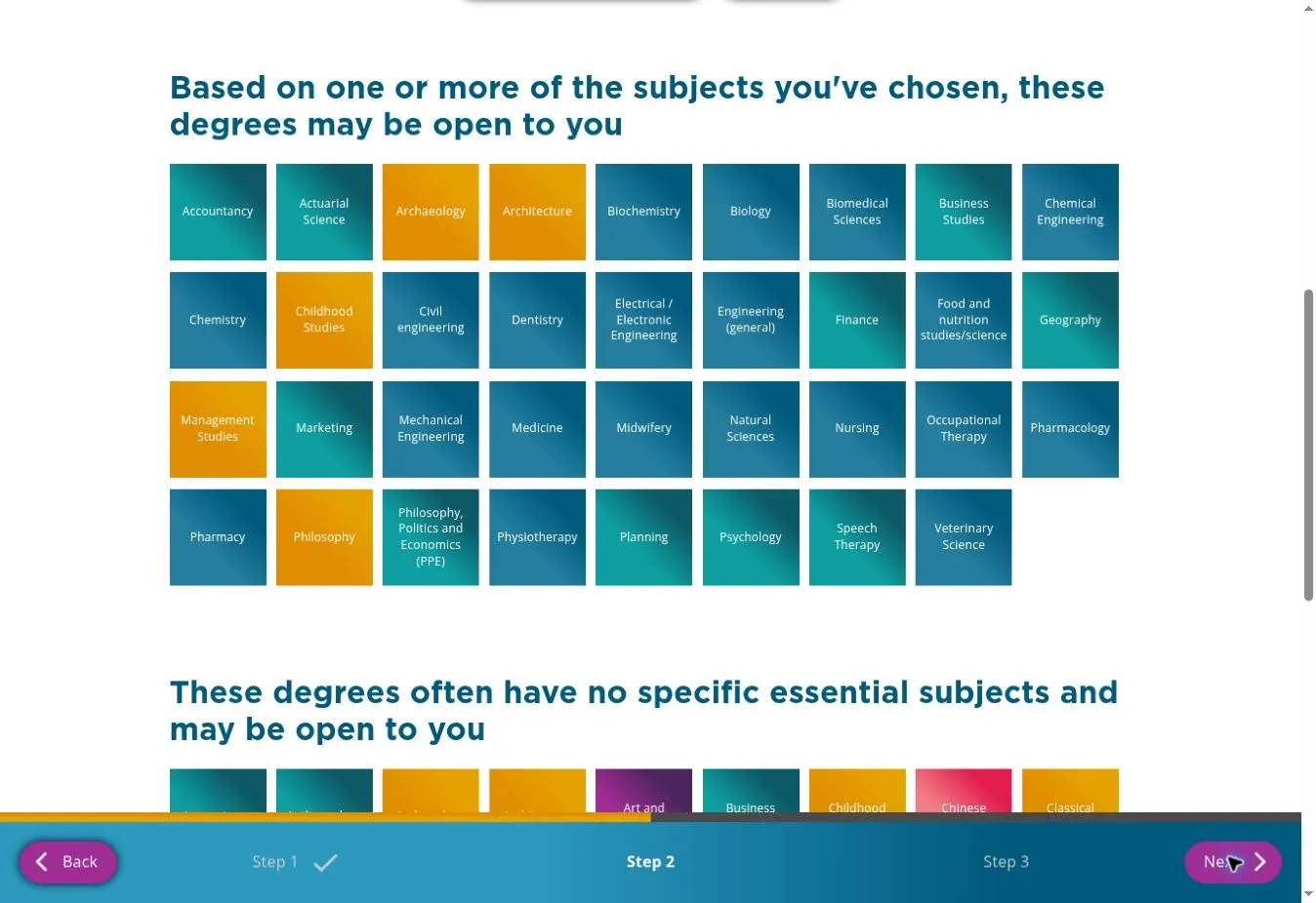 Coloured degree tiles showing possible study areas after selecting Biology, Chemistry and Mathematics