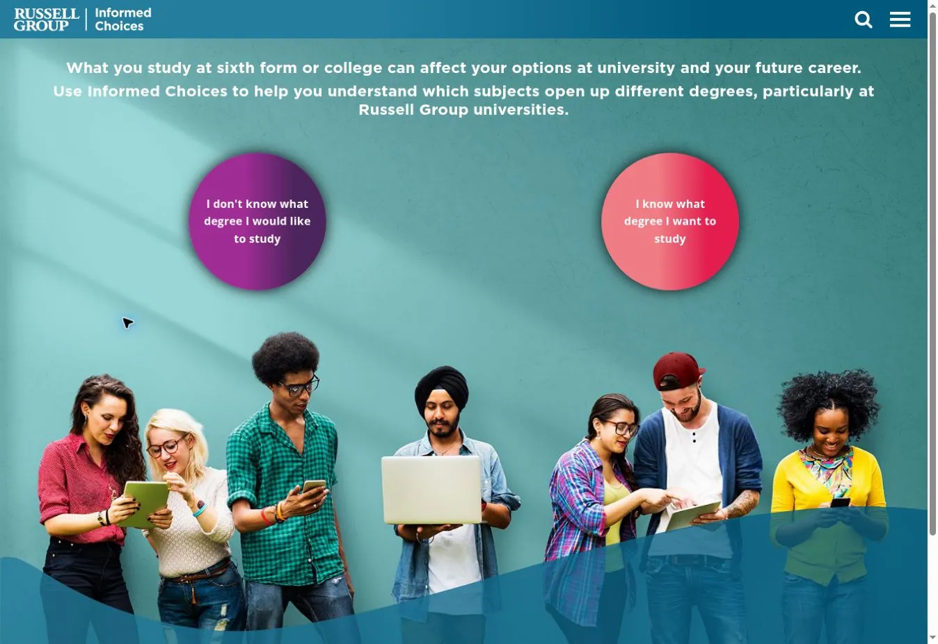Informed Choices start page with two circular links for exploring degree and subject choices