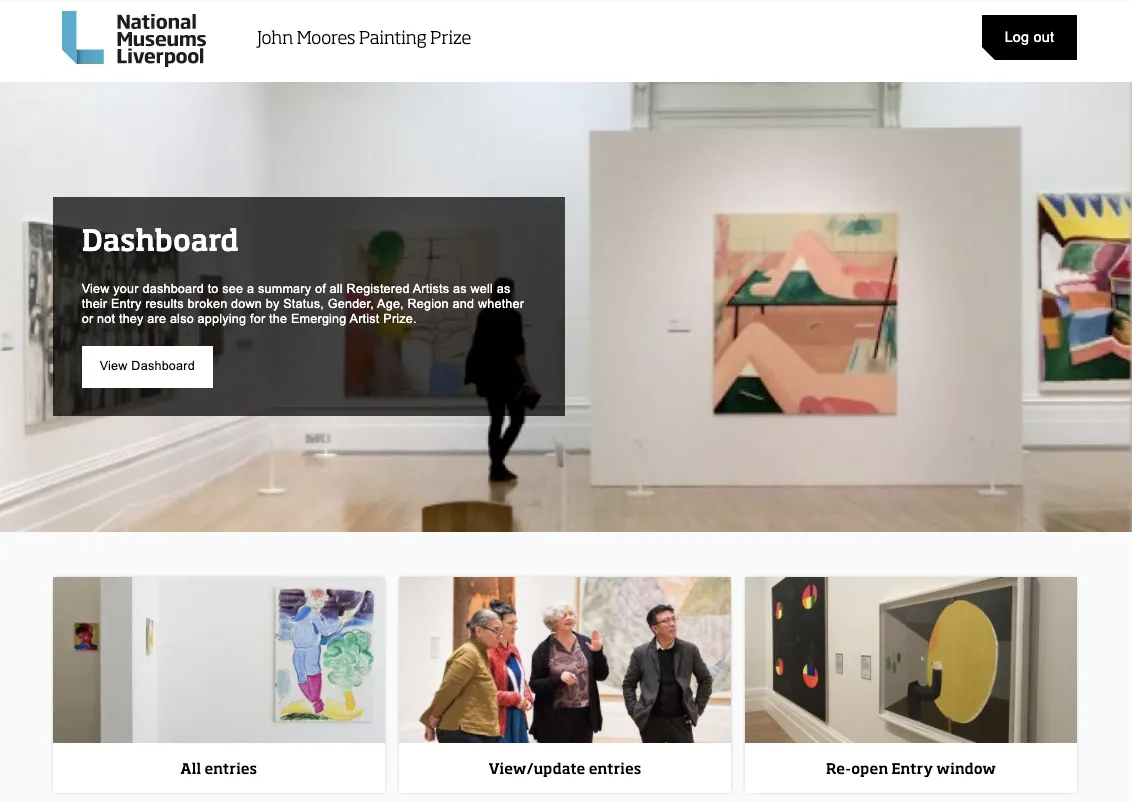 John Moores Painting Prize admin homepage with dashboard, all entries, update entries and reopen entry window links