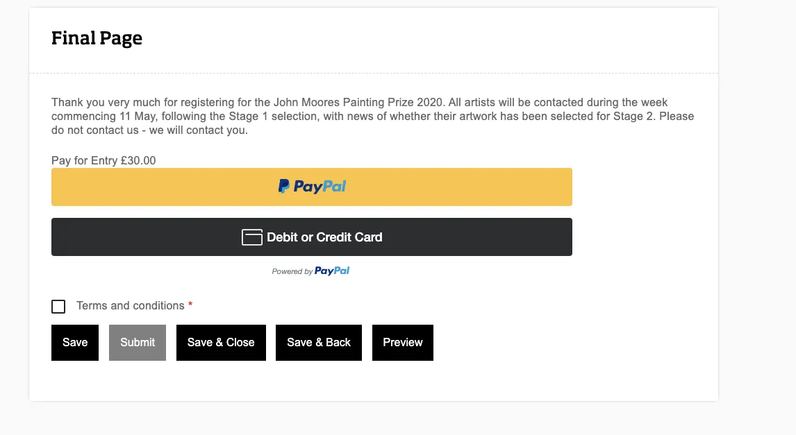 Entry payment form showing PayPal and debit or credit card options, terms acceptance and save and submit buttons