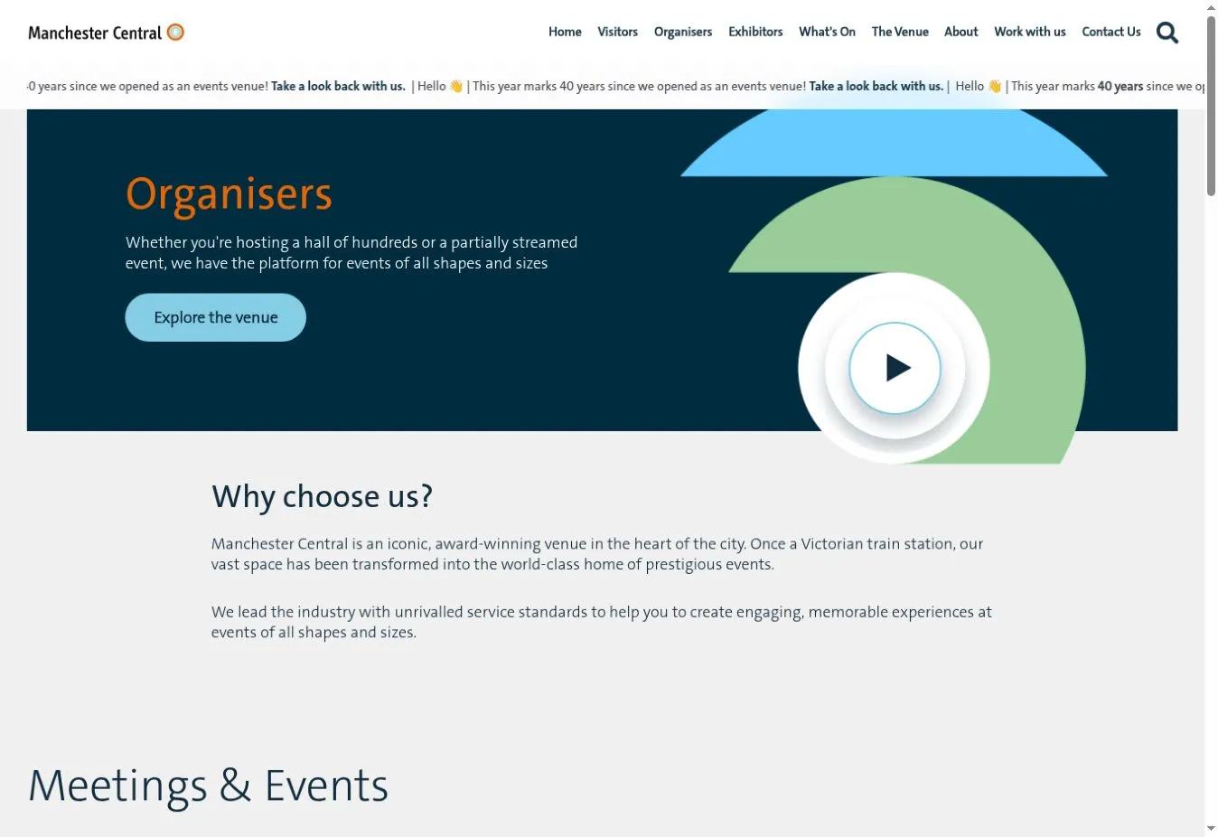 Manchester Central’s organiser hub with colourful graphics and dedicated event-planning content