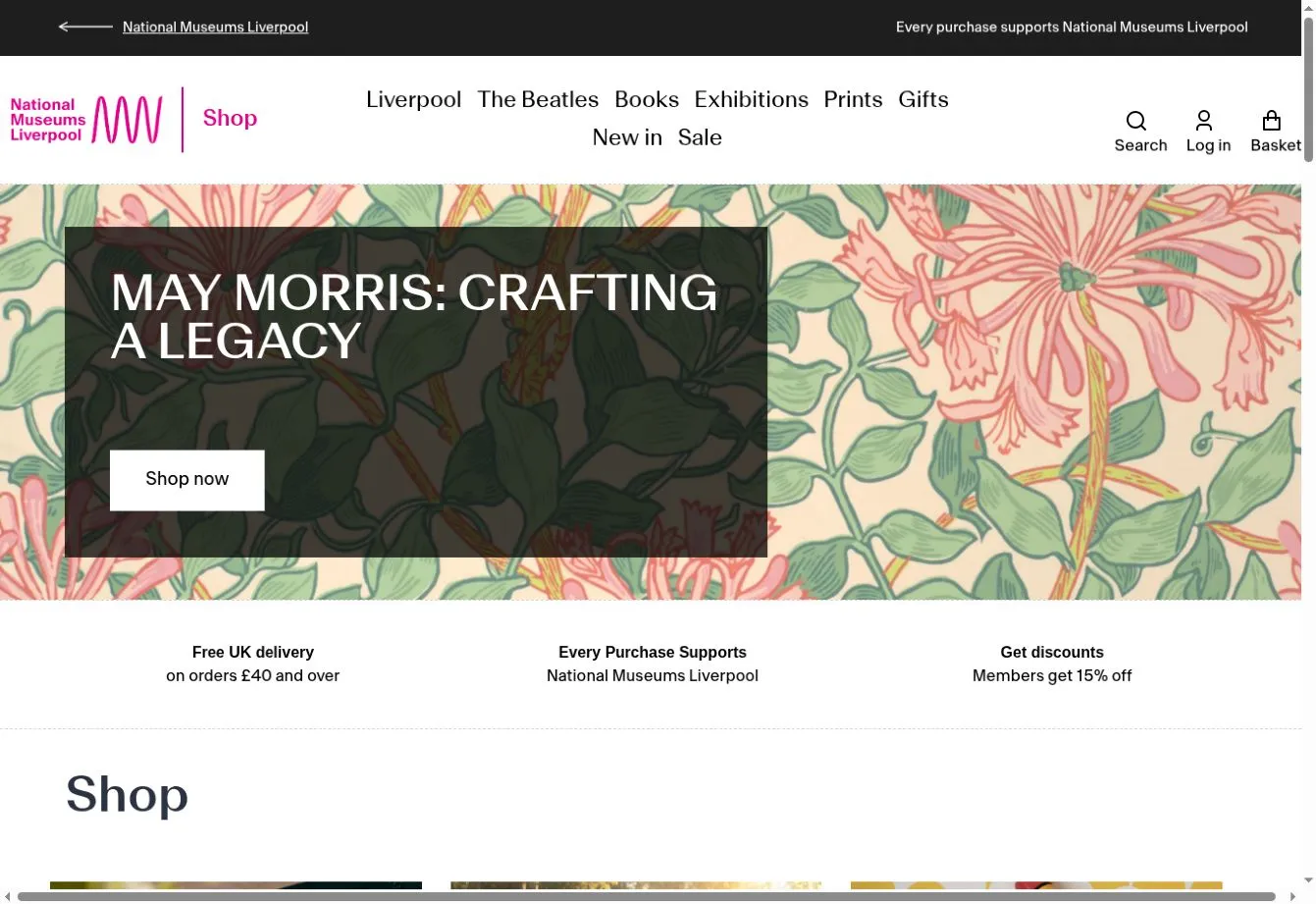 National Museums Liverpool online shop featuring May Morris products beneath the museum’s pink branding