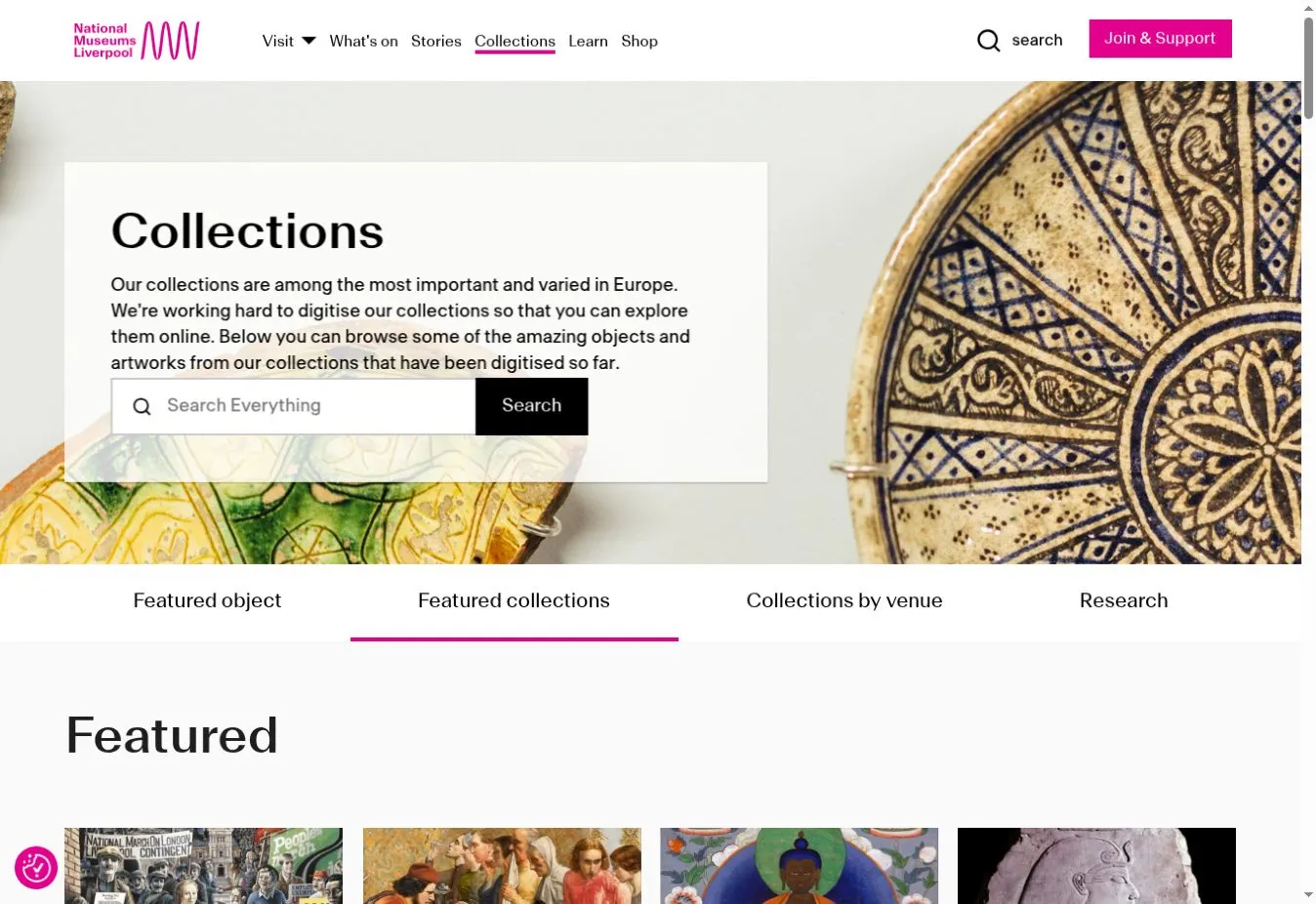 National Museums Liverpool collections page with a collage of collection objects, a search field and featured collections