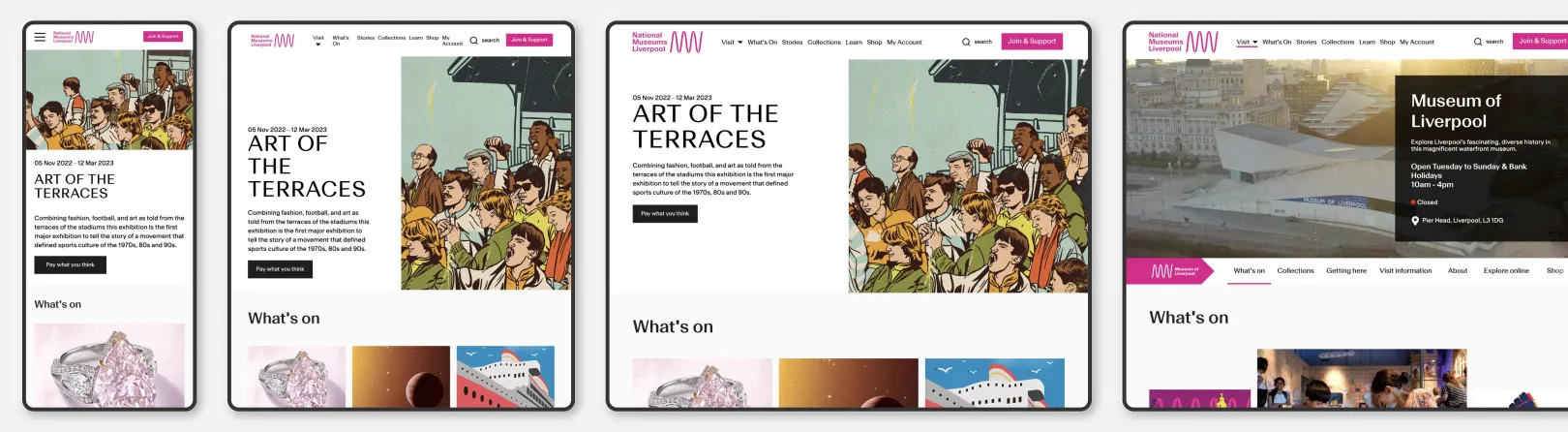 Big Blue Door project montage showing National Museums Liverpool exhibition pages on mobile, tablet and desktop, alongside a Museum of Liverpool venue page