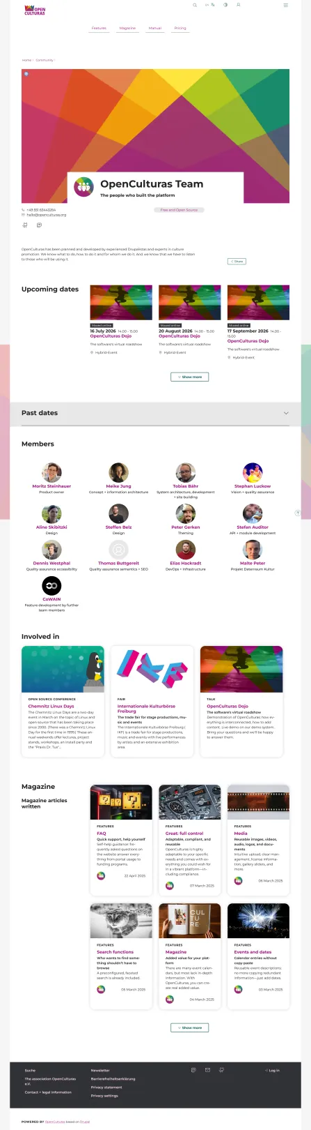 Screenshot of a profile page for OpenCulturas team, teasering group member profiles, event involvements, and upcoming dates
