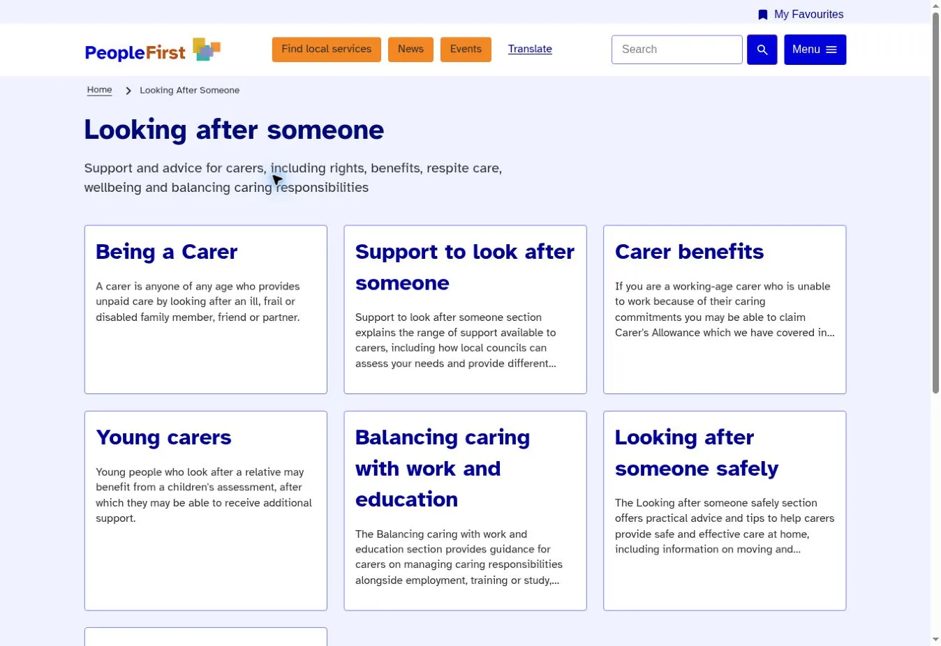 Looking after someone landing page with cards linking to benefits, practical support and advice for carers