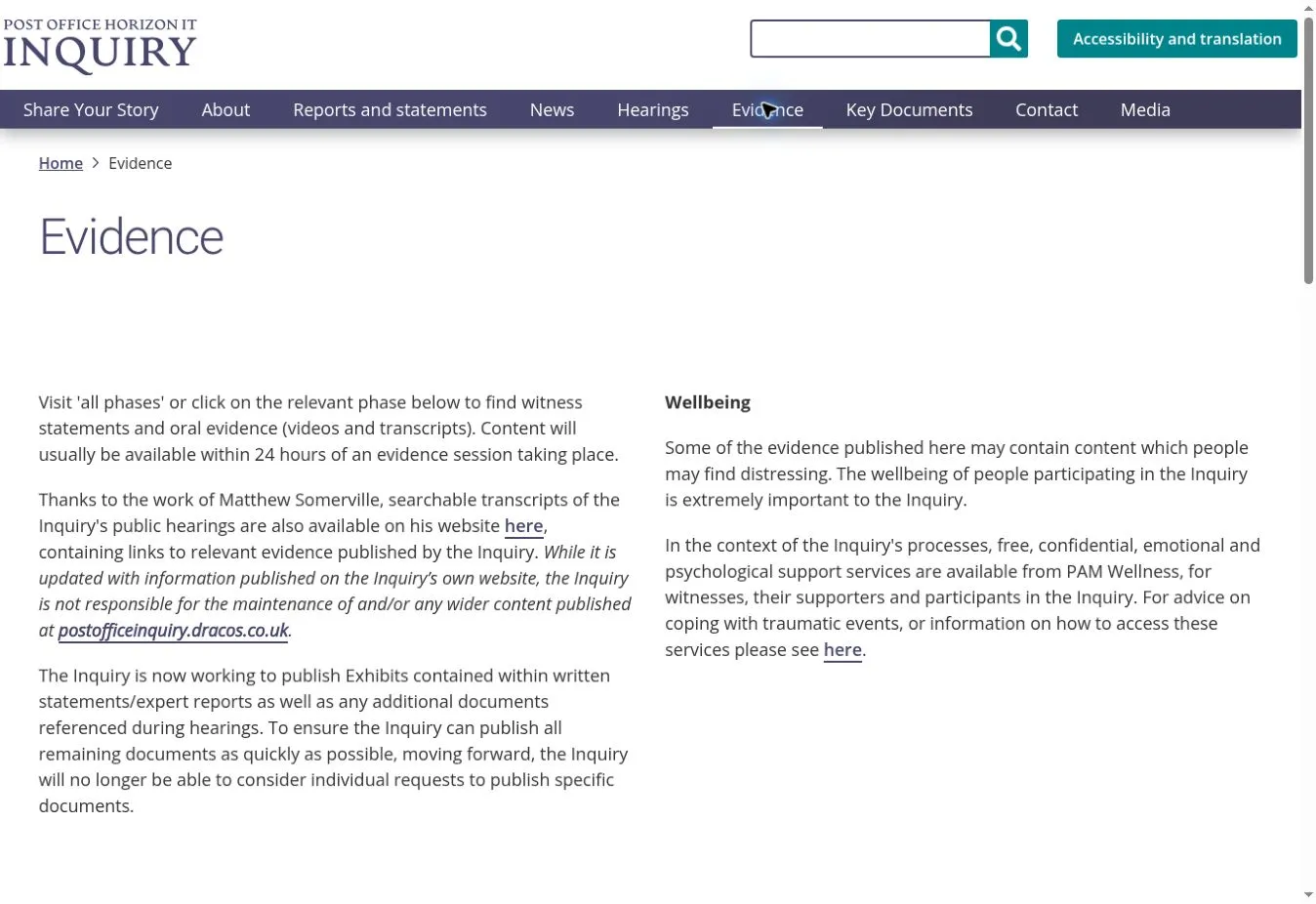 Evidence page with information about witness statements, documents and wellbeing support