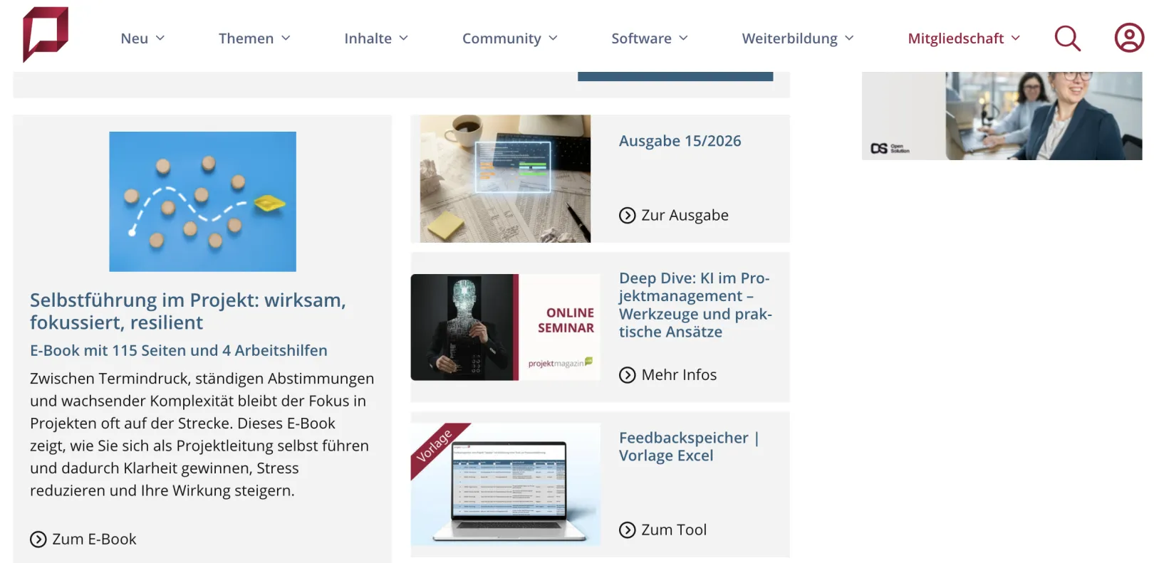Neues aus der Branche section on ProjektMagazin.de showing industry news cards, partner content, and book recommendations.
