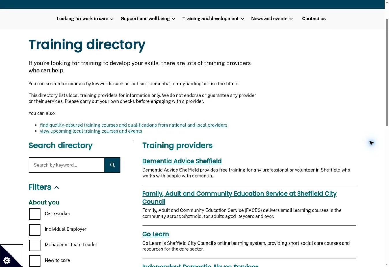 Sheffield Cares training directory with a keyword field, audience checkboxes and training-provider summaries.