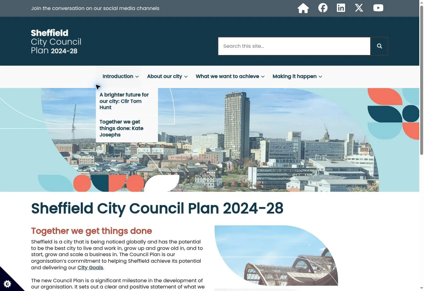 Council Plan microsite with city imagery, section navigation and the introduction menu expanded.