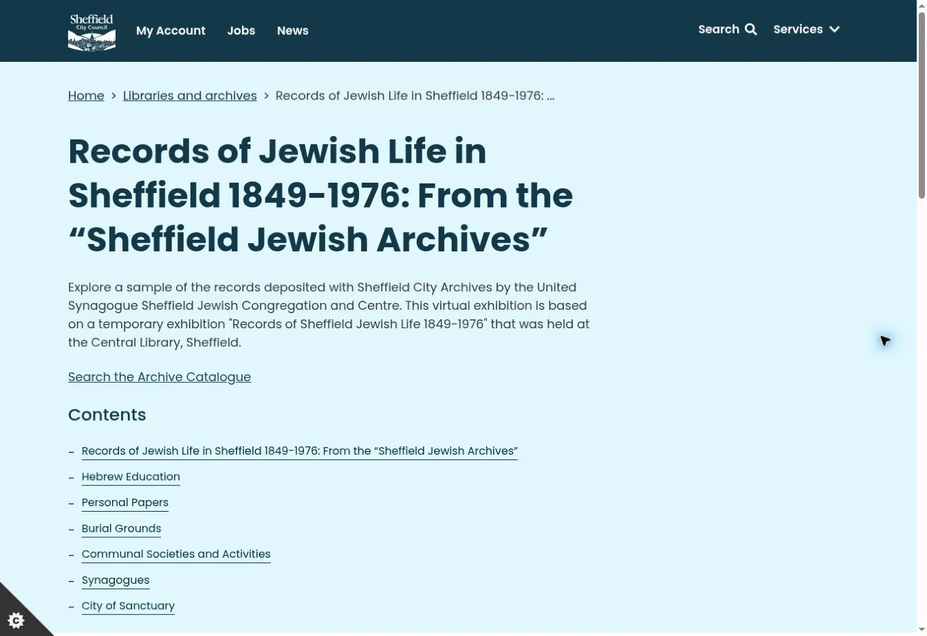 Online exhibition showing introductory archive information and a scanned handwritten record.