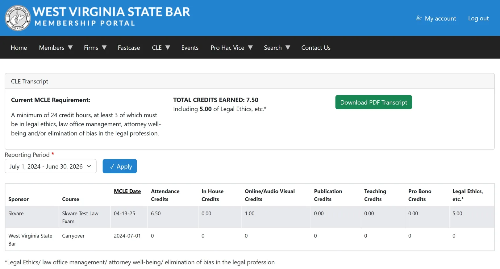 CLE Dashboard showing credits earned and green button to download transcript PDF