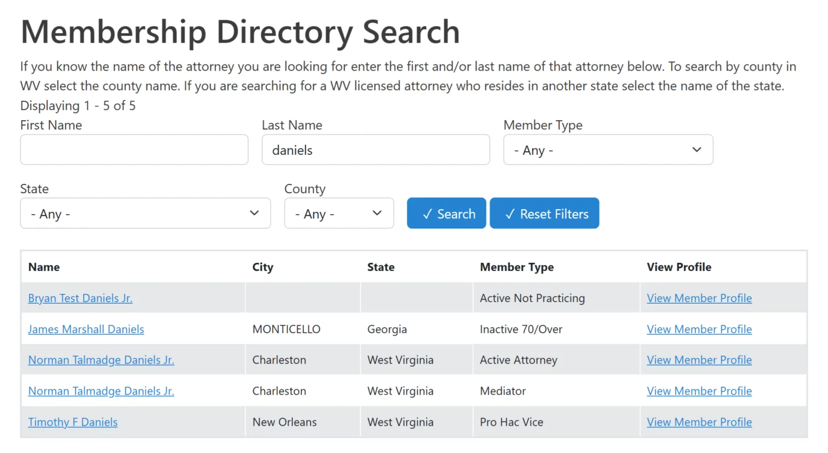 Membership Directory search showing lawyer names