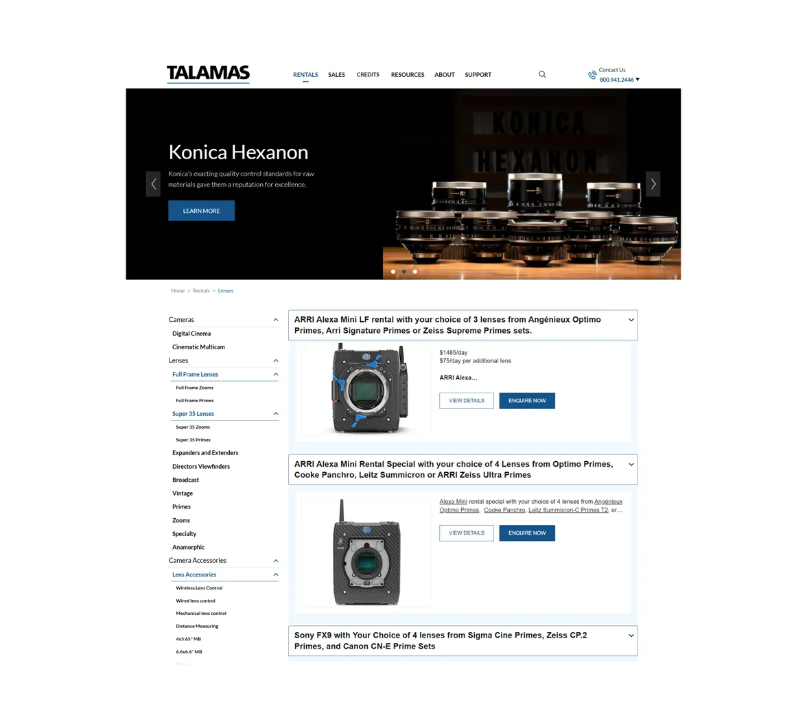 Talamas Rentals page for Lenses, featuring the Konica Hexanon banner and expandable rental listings with pricing and enquiry buttons