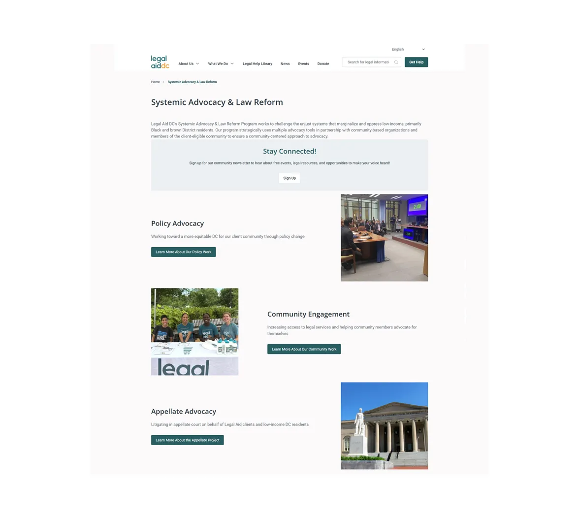 Screenshot of Legal Aid DC’s Systemic Advocacy & Law Reform page, with a newsletter sign-up banner and three sections (Policy Advocacy, Community Engagement and Appellate Advocacy), each with a photo and a “Learn More” button.